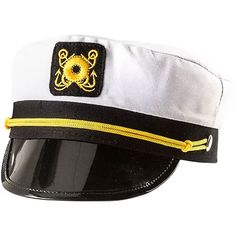 Make a commanding appearance in a Skipper Captain Hat! This official ship captain's hat features an embroidered gold nautical emblem on the front with a shiny black brim and gold braided rope detail. It's great for nautical-themed parties, boat parties, or just another day on the yacht. No sailor costume is seaworthy without one! 8in wide x 9 1/2in long x 4in tallNylon and plasticSnap closureOne size fits most teens and adults Captain's Hat, Hat Halloween Costume, Nautical Themed Party, Boat Captain, White Costumes, Fancy Dress Up, Nautical Looks, Sailor Hat, Halloween Costume Shop