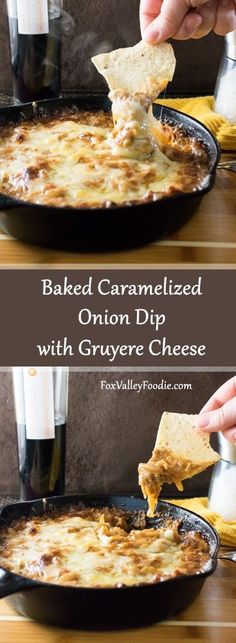 baked caramelized onion dip with gruyre cheese in a cast iron skillet