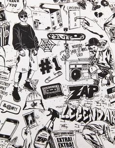 a black and white drawing of various stickers on a wall with the words zap next to it