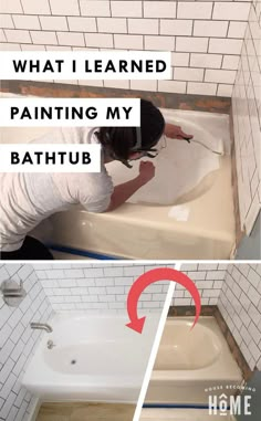 a woman is painting a bathtub with white tiles and red arrow pointing to the tub