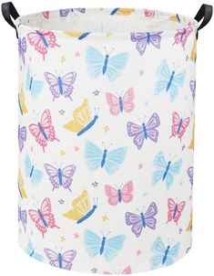 a colorful butterfly print laundry hamper