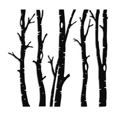 three black and white silhouettes of trees with no leaves on the branches, against a white background