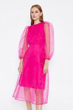 Long Sleeve Organza Dresses For Festivals, Organza Maxi Dress, Festive Long Sleeve Organza Gown, Long Sleeve Organza Dress For Diwali, Pink Organza Dress For Party Season, Traditional Long Sleeve Organza Dress, Organza Dress Design, Organza Sleeves Style, Organza Outfit