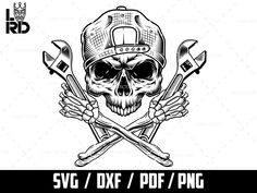 a skull wearing a baseball cap with crossed wrenches on it and the words svv / dxf / pdf / png