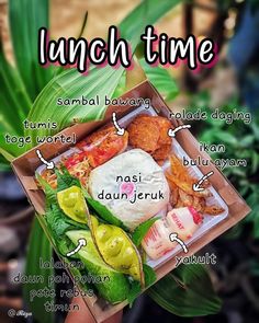 an image of lunch time with different food items in the box and words on it