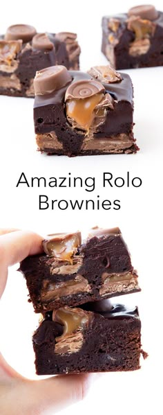 someone is holding up some brownies with caramel toppings on them and the words amazing rolo brownies above it