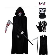 PRICES MAY VARY. Unique Design: Grim Reaper Cloak Costume, this adults or kids cape with a hood is ideal for a gothic vampire, witchcraft, medieval cloak, or any Halloween-themed cosplay party. It's perfect for creating an eerie atmosphere. Soft Material: This Halloween Horror Robe Crafted from high-quality cloth material, this costume ensures comfort and durability throughout the night. Glowing Red Eyes Glasses: Add an extra touch of horror with the flickering red LED lights, creating the illus Reaper Halloween Costume, Grim Reaper Costume, Reaper Costume, Halloween Costume Props, Costum Elegant, Black Cloak, Skeleton Costume, Skull Scarf