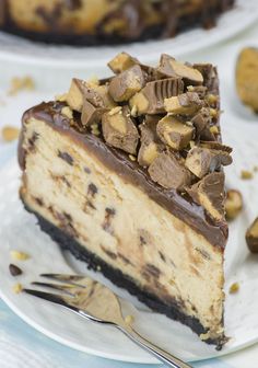 a piece of cheesecake on a plate with a fork and some cookies in the background