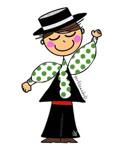 a drawing of a man wearing a top hat and polka dot shirt with his hands in the air