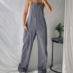 Gray Coolane Pocket Side Cami Jumpsuit **No Top* 100% Polyester Annabelle Core, Fabric Overalls, Blue Jumpsuits Outfit, Grey Overalls, Jumpsuit Outfit Casual, Baggy Jumpsuit, Cotton Overalls, Overalls Outfit, Cami Jumpsuit