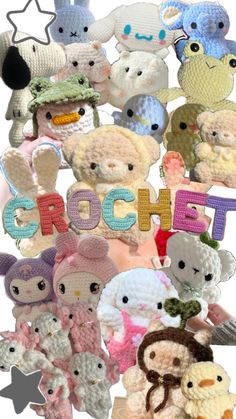 there are many crocheted stuffed animals in this photo and the words crochet spelled out