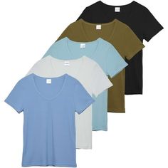 Introducing our 5 Pack of Women's Soft Ribbed Short Sleeve V-Neck T-Shirts, designed to be your versatile summer staple. Crafted with a focus on both style and comfort, these tees offer endless possibilities for casual chic outfits. Each shirt features a classic V-neckline and a soft ribbed texture, adding a touch of elegance to your everyday look. Whether you're running errands, catching up with friends, or simply relaxing at home, these tees provide the perfect balance of comfort and sophistic Summer Tee Shirts, Casual Chic Outfits, Ribbed Shorts, Ladies Tee Shirts, Casual Chic Outfit, Ribbed Texture, Summer Tee, Basic Tops, Graphic Tees Women