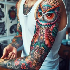 a man with an owl tattoo on his arm