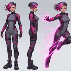 the female character is wearing futuristic clothing and has pink hair, while she's in full