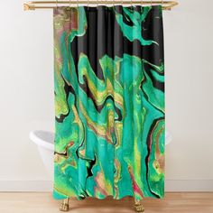 an abstract shower curtain with green and yellow paint on the outside, in front of a white bath tub