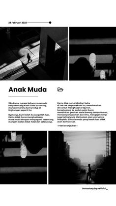 black and white photograph of people walking in an urban area with the words anak muda above them