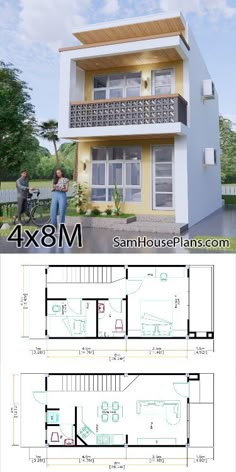 two story house plan with 3 bedroom and 2 bathrooms in the same floor area, it has