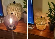 two pictures of a table with plants and a lamp on it, one is turned on