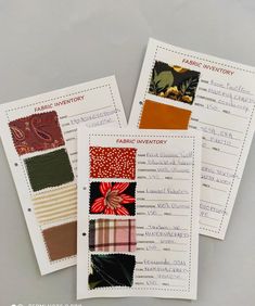 four different types of fabric inventory cards on top of each other with the words fabric inventory written below them