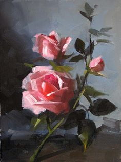 a painting of two pink roses in a vase