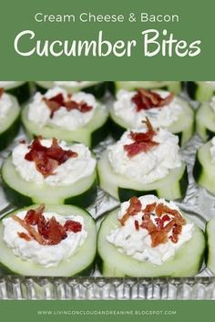 cucumbers with cream cheese and bacon on them in a glass dish lined up