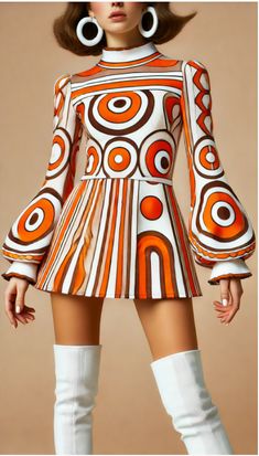 1960s Mod Mini Dress: A bold, geometric-patterned mini dress in bright orange and white. The dress has a high collar and long sleeves, styled with white go-go boots and large hoop earrings for a fun, retro look. Fitted Mini Dress With Retro Print In 70s Style, Multicolor Groovy Dress With Retro Print, 60’s Outfits, 70s Party Outfit, Fitted Mini Dress With Retro Print, 70s Inspired, Edwardian Tea Dress, Mod Mini Dress With Retro Print, 1960s Mod Fashion, 1960s Aesthetic