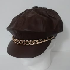 Marcus Adler Brown Pu Leather Motorcycle Newsboy Hat Front Gold Tone Chain 8 Panels 2” Brim 100% Pu Leather Circumference 22.5” Approx. Do Not Wash Newsboy Hat Outfit, Brown Leather Hat, 2000s Inspired Outfits, Leather Beret, Style Roots, Brown Accessories, Newsboy Hat, Brown Hats, Future Outfit