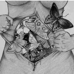 a pencil drawing of a woman with butterflies on her chest