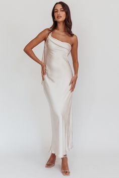 Shop the Carmel One-Shoulder Sash Maxi Dress Champagne | Selfie Leslie Satin White Maxi Dress, Spring White Satin Maxi Dress, White Chic Satin Maxi Dress, White Feminine Satin Maxi Dress, Cream Satin Floor-length Maxi Dress, Champagne Maxi Dress, Pink Dress Shoes, Brunch Dress, Satin Maxi