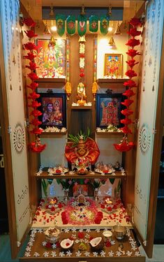 Hindu Puja Room, Puja Ghar Decoration Ideas, Pooja Shelf Ideas Indian, House Temple Design Indian, Small Puja Room Ideas, Puja Room Decoration Ideas, Small Pooja Room Ideas, Small Pooja Unit, Pooja Shelf