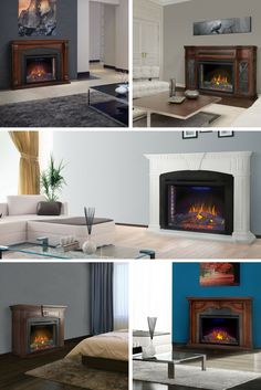 four different fireplaces are shown in this collage