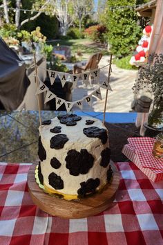 a birthday cake with black and white polka dots on it sitting on a red checkered table cloth