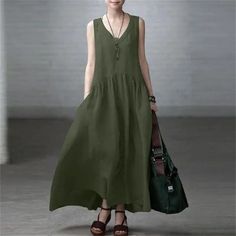 Lasaky - Sleeveless Solid Color Cotton Linen Maxi Dress with Loose Pleats and Stylish Flowy Design Comfy Maxi Dress, Pleated Fashion, Sleeveless Linen Dress, Ootd Spring, Flowy Design, Solid Tank Tops, Cotton Linen Dresses, Sleeveless Long Dress, Tank Top Dress