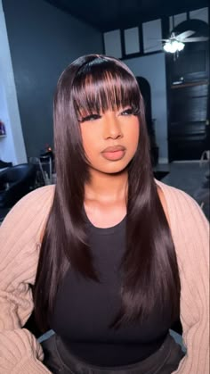 Bangs With Middle Parting, Layers With Wispy Bangs, Fringe Wigs, Short Long Hair, Color Block Hair, Layered Wig, Sleek Ponytail Hairstyles, Frontal Wig Hairstyles