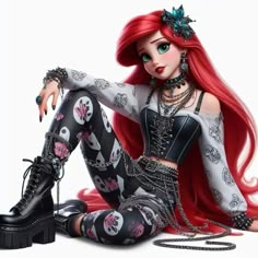 a woman with long red hair sitting on the ground wearing black and white clothing, boots and chains