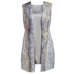 A stunning piece of wearable art, this long vest is crafted from luxurious cotton brocade, each panel adorned with intricate hand-painted designs.  The vest features a unique and eye-catching detail: mesh panels encasing delicate beads and real pearls along the front, adding a touch of opulence and elegance. Lined in pure viscose. Pure Cotton with Viscose lining  Please Dry Clean Only Grey Romantic, Ingenue Classic, Whitley Gilbert, Noble Woman, Love Goddess, Blazer Jackets For Women, Long Vest, Painted Designs, Soft Gamine