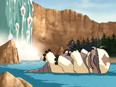 an animated image of a man riding on the back of a cow in front of a waterfall