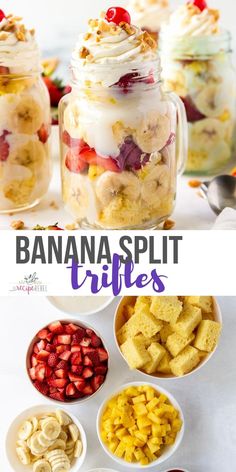 banana split trifles in mason jars with strawberries and bananas