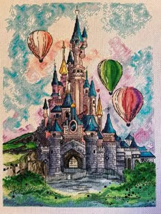 a drawing of a castle with hot air balloons