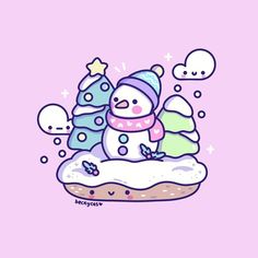 a snowman is sitting in the middle of a pile of doughnuts and trees