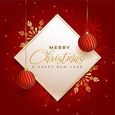 merry christmas and happy new year greeting card with red balls, snowflakes and gold ornaments