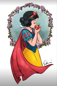 snow holding an apple in her hand and wearing a red cape with flowers around it