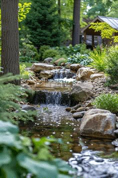 a small stream running through a forest filled with lots of trees and rocks next to a cabin