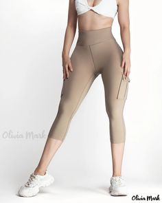 Olivia Mark - High Waist Sports Active Pants with Convenient Pocket Design Khaki Athleisure Activewear For Sports, Khaki Athleisure Activewear, Sporty High-stretch Bottoms With Pockets, Sportswear Training Bottoms With Pockets, Fitted Khaki Athleisure Activewear, High Stretch Sports Bottoms With Pockets, Stretch Sports Bottoms With Pockets, Khaki Athleisure Activewear For Workout, Sporty Fitted Khaki Activewear