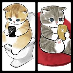 two pictures of cats sitting on top of each other with cell phones in their paws