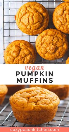 vegan pumpkin muffins on a cooling rack with text overlay that reads, vegan pumpkin muffins