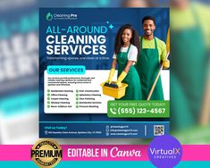 a flyer for cleaning services with two people in green aprons and yellow rubber gloves