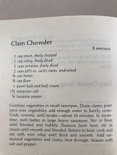 the recipe for clam chowder is shown in an open book with instructions on how to make it