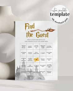 a white poster with the words find the guest and an image of a castle on it