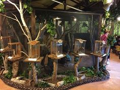 a group of people standing around a display with trees and bird cages on it's sides